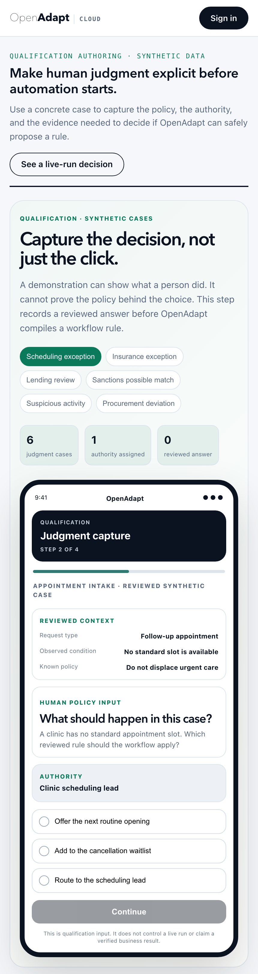 Mobile qualification screen that retains an insurance exception as an authorized human decision node