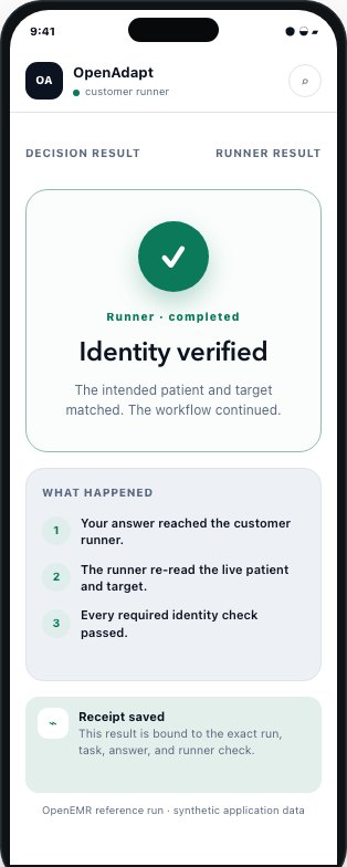 OpenAdapt mobile decision result after the customer runner verified identity and saved a bound receipt.