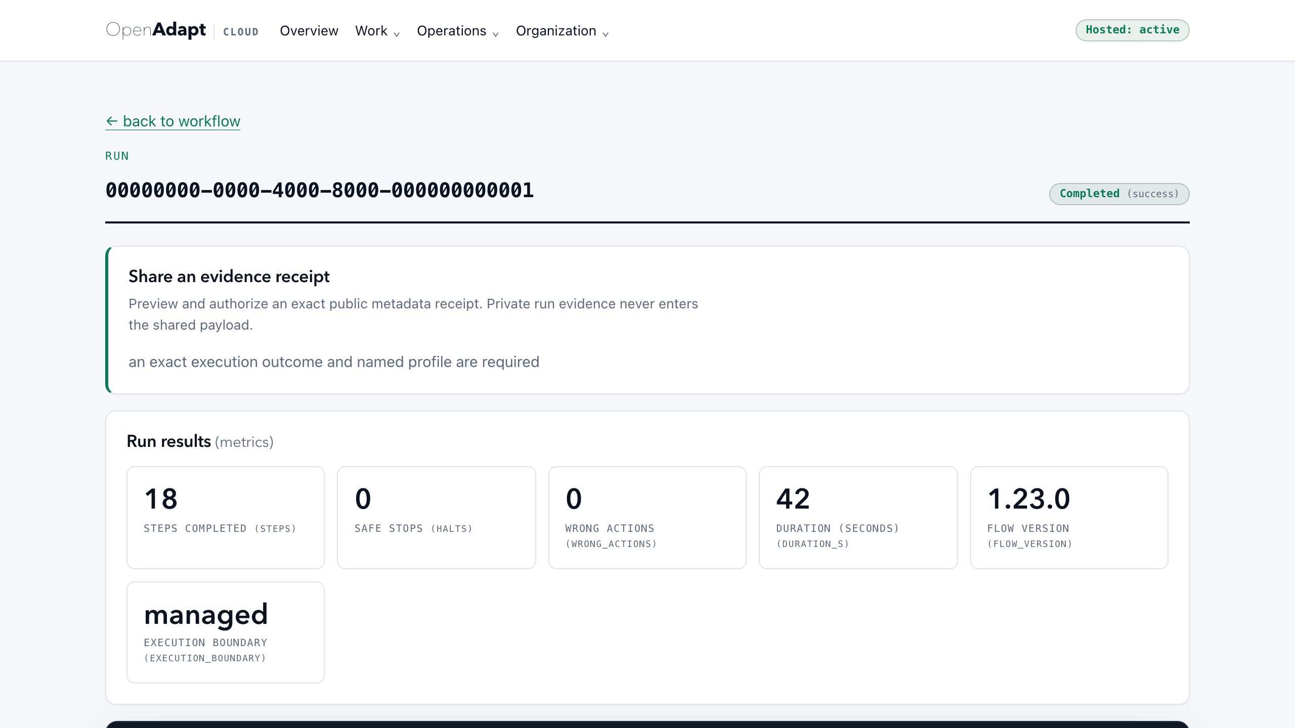 OpenAdapt Cloud run detail showing its evidence-qualified execution outcome and contract counts.