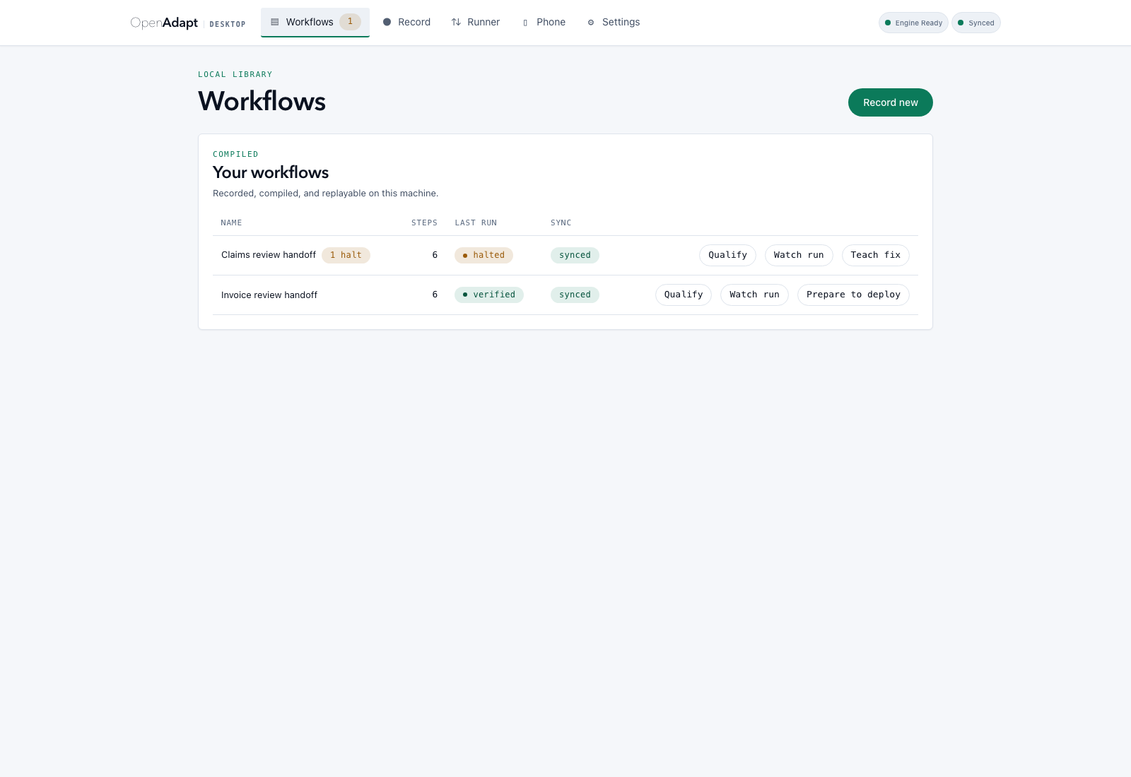 Synthetic OpenAdapt Desktop workflow library with one halted and one verified workflow, rendered from Desktop 0.15.