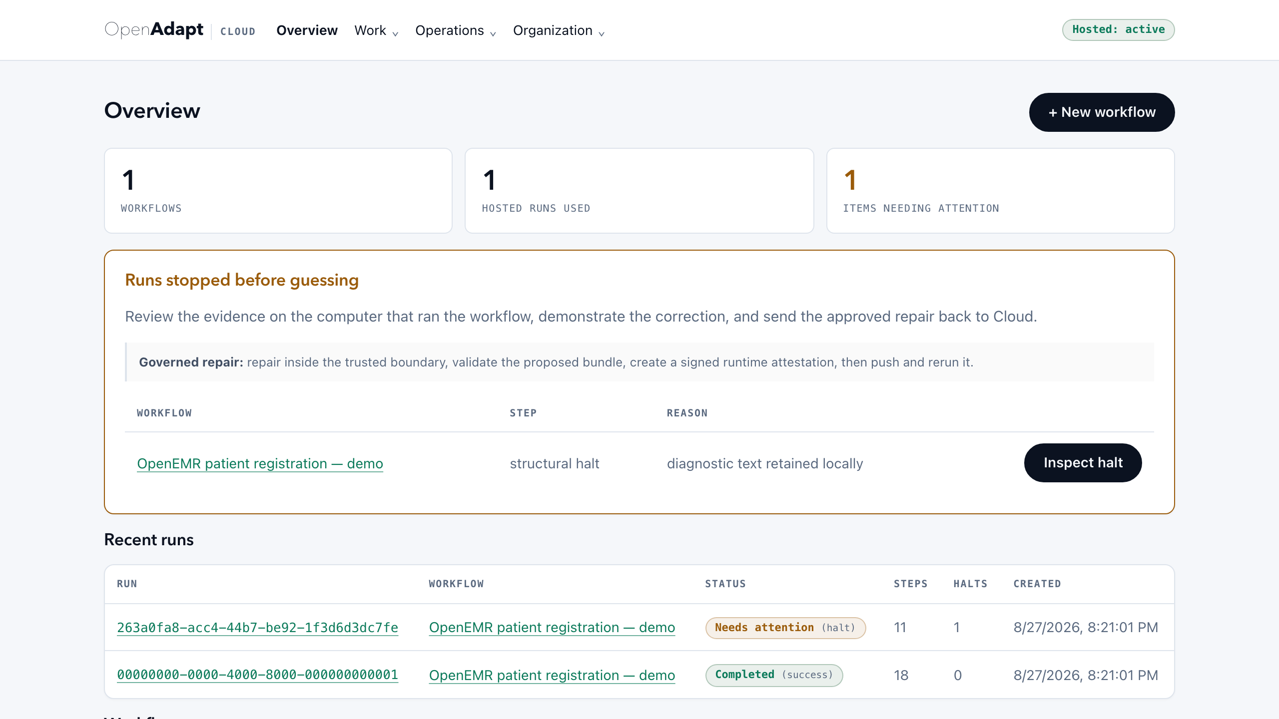 The OpenAdapt Cloud workflows dashboard at app.openadapt.ai: approved workflows, compiled bundle versions, and run history in the real hosted product.